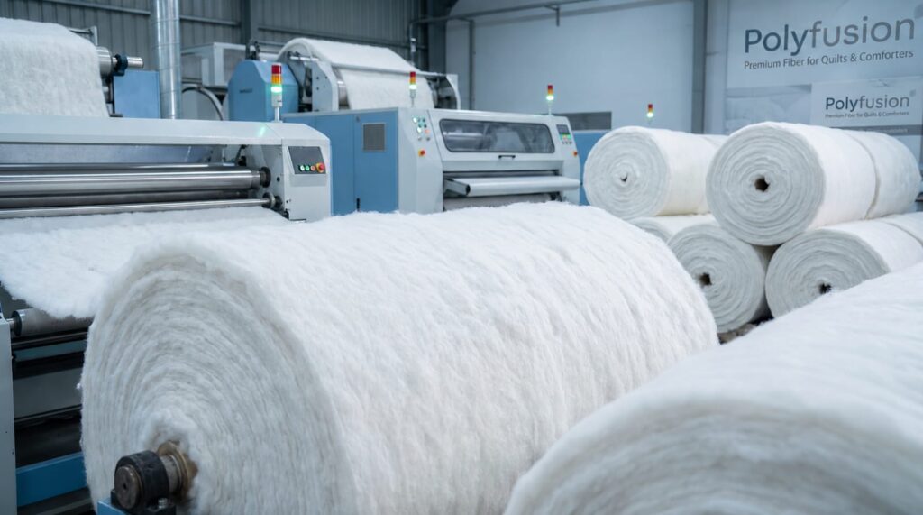 High loft polyester fiber wadding rolls on industrial textile manufacturing line for quilts and comforters